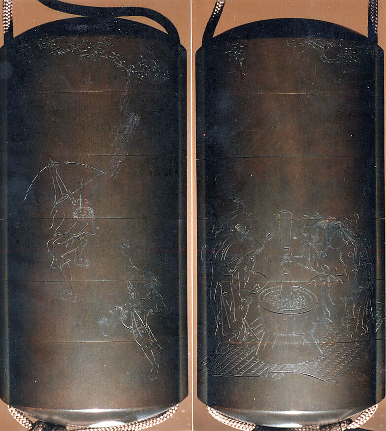 Case (Inrō) with Design of Persons with Mortar Making Mochi (obverse); Two Persons Shooting with Bow and Arrow (reverse), Tōyō (Japanese, active second half of the 18th century), Lacquer, silver brown ground, incised; Interior: gyobu nashiji and fundame, Japan 