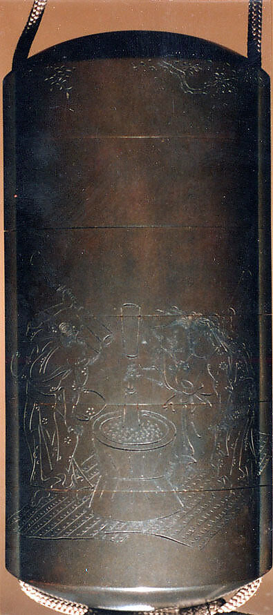 Case (Inrō) with Design of Persons with Mortar Making Mochi (obverse); Two Persons Shooting with Bow and Arrow (reverse), Tōyō (Japanese, active second half of the 18th century), Lacquer, silver brown ground, incised; Interior: gyobu nashiji and fundame, Japan