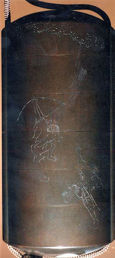 Case (Inrō) with Design of Persons with Mortar Making Mochi (obverse); Two Persons Shooting with Bow and Arrow (reverse), Tōyō (Japanese, active second half of the 18th century), Lacquer, silver brown ground, incised; Interior: gyobu nashiji and fundame, Japan