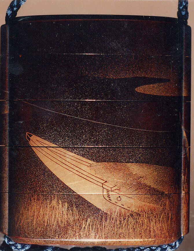 Case (Inrō) with Design of Two Men Pulling a Boat Filled with Rice Sheaves, Lacquer, roiro, nashiji, gold and coloured togidashi; Interior: roiro and fundame, Japan
