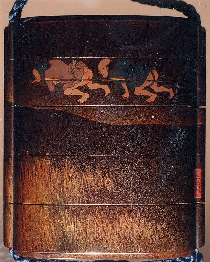 Case (Inrō) with Design of Two Men Pulling a Boat Filled with Rice Sheaves, Lacquer, roiro, nashiji, gold and coloured togidashi; Interior: roiro and fundame, Japan