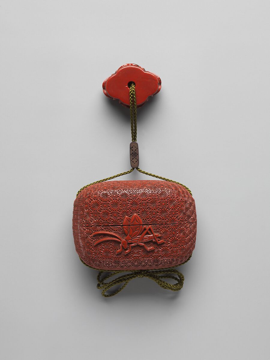 Case (Inrō) with Design of Crickets, Onko Takanaga (dates unknown), Case: carved red lacquer; Fastener (ojime): silver with openwork slide; Toggle (netsuke): red lacquer carved in the shape of a lobed table with two gentlemen playing a game of go, Japan