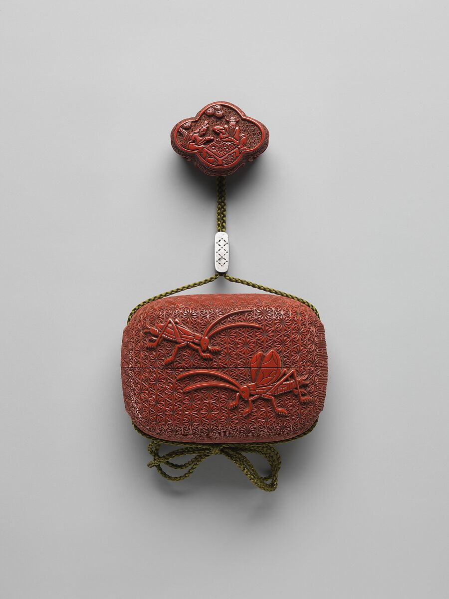 Case (Inrō) with Design of Crickets, Onko Takanaga (dates unknown), Case: carved red lacquer; Fastener (ojime): silver with openwork slide; Toggle (netsuke): red lacquer carved in the shape of a lobed table with two gentlemen playing a game of go, Japan 