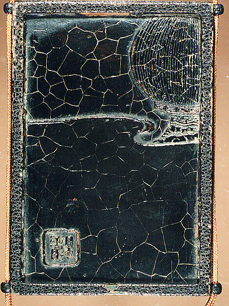 Inrō Imitating an Old Chinese Ink Cake, Ogawa Haritsu (Ritsuō) (Japanese, 1663–1747), Two-part (sheath-type); lacquered wood, metal, leather, with black and brown togidashimaki-e, takamaki-e on black groundNetsuke: manjū type with maki-e DarumaOjime: ceramic bead with incense and ash design , Japan