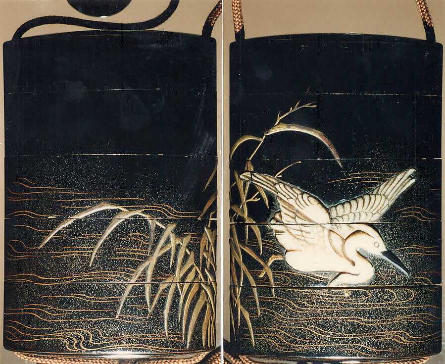 Case (Inrō) with Design of Heron Wading in Shallow Water beside Reeds, Attributed to Ogawa Haritsu (Ritsuō) (Japanese, 1663–1747), Lacquer, roiro, gold and silver hiramakie, togidashi, kimpun, ivory, horn inlay; Interior: fundame, Japan 