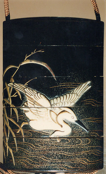 Case (Inrō) with Design of Heron Wading in Shallow Water beside Reeds, Attributed to Ogawa Haritsu (Ritsuō) (Japanese, 1663–1747), Lacquer, roiro, gold and silver hiramakie, togidashi, kimpun, ivory, horn inlay; Interior: fundame, Japan