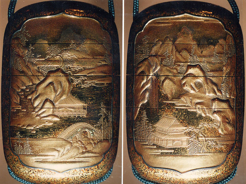 Case (Inrō) with Design of Chinese-Style Landscape, Lacquer, kinji, gold, silver, black and brown hiramakie, nashiji, togidashi; Interior: gyobu nashiji and fundame, Japan 