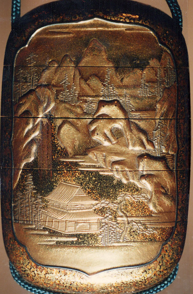 Case (Inrō) with Design of Chinese-Style Landscape, Lacquer, kinji, gold, silver, black and brown hiramakie, nashiji, togidashi; Interior: gyobu nashiji and fundame, Japan