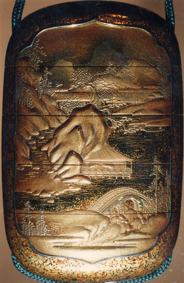 Case (Inrō) with Design of Chinese-Style Landscape, Lacquer, kinji, gold, silver, black and brown hiramakie, nashiji, togidashi; Interior: gyobu nashiji and fundame, Japan