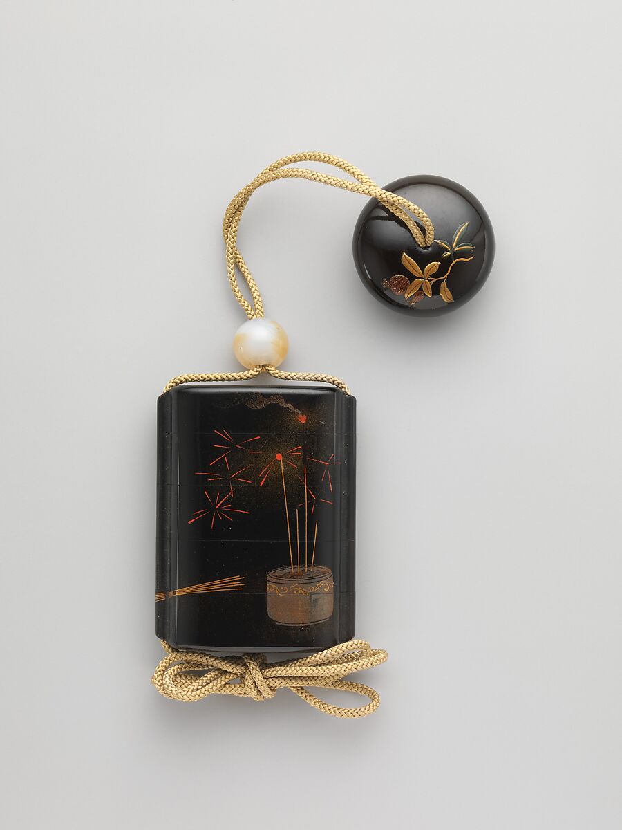 Case (Inrō) with Design of Fireworks (obverse); Design of Fan (reverse), Case: red lacquer and powdered gold and silver (maki-e) on black lacquer; Fastener ojime): stone; Toggle (netsuke): colored lacquer on black lacquer with design of pomegranate, Japan 