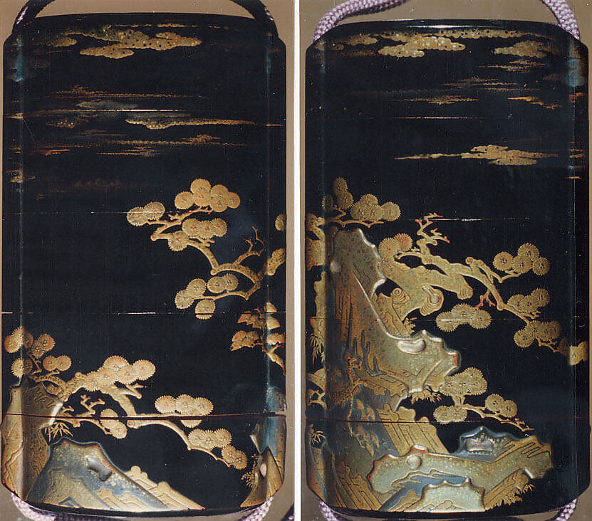 Case (Inrō) with Design of Pine Trees Growing from Rocks beneath Clouds, Lacquer, roiro, gold and silver hiramakie, takamakie, kirigane, nashiji; Interior: nashiji and fundame, Japan 