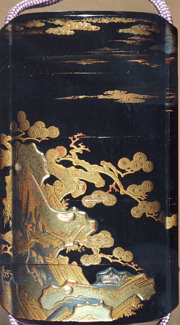 Case (Inrō) with Design of Pine Trees Growing from Rocks beneath Clouds, Lacquer, roiro, gold and silver hiramakie, takamakie, kirigane, nashiji; Interior: nashiji and fundame, Japan