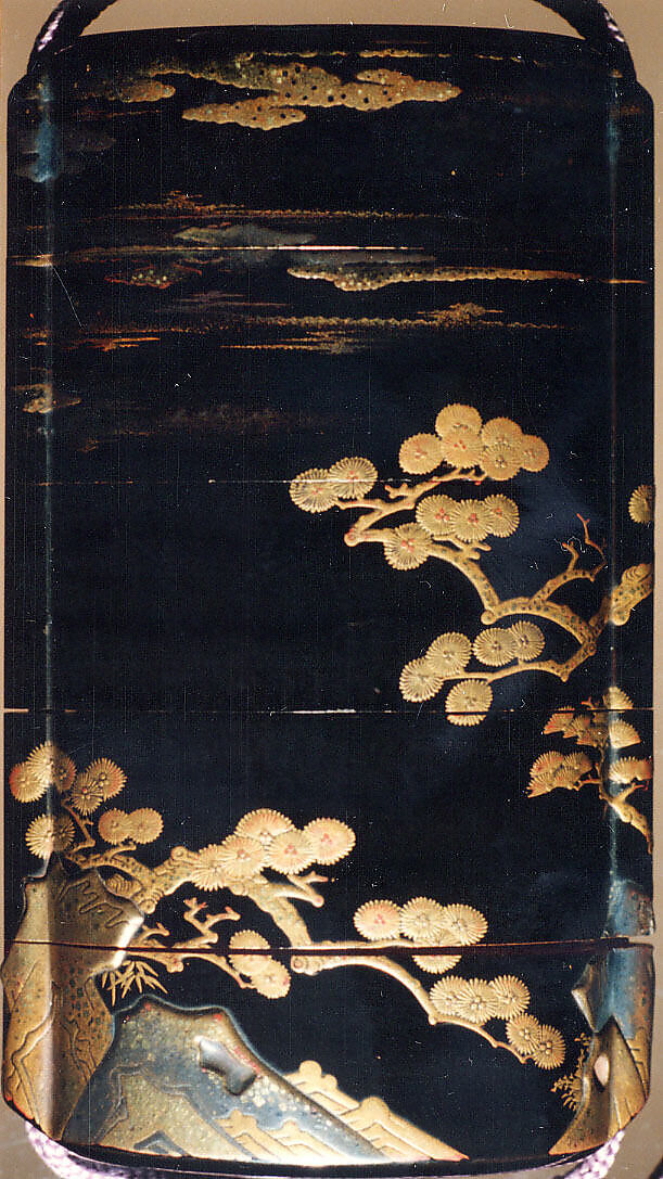 Case (Inrō) with Design of Pine Trees Growing from Rocks beneath Clouds, Lacquer, roiro, gold and silver hiramakie, takamakie, kirigane, nashiji; Interior: nashiji and fundame, Japan