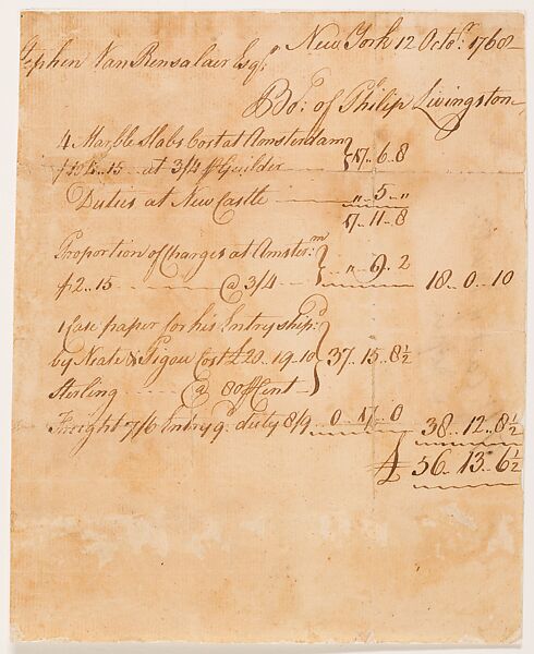 Plan, Letter, and Bill for Wallpaper for the Hall of the Van Rensselaer Mansion, Philip Livingston, Parchment paper, American