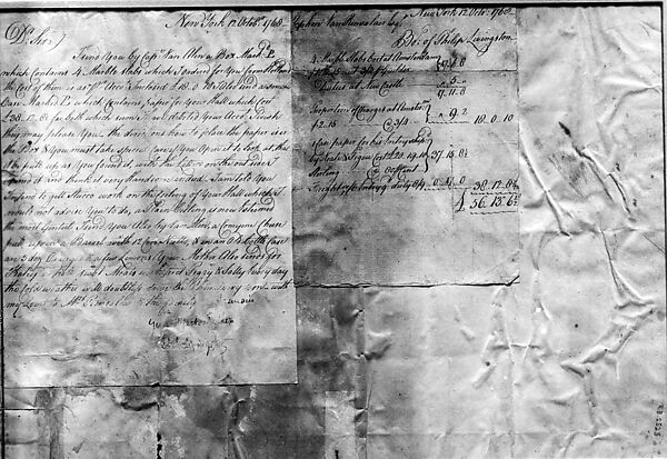 Plan, Letter, and Bill for Wallpaper for the Hall of the Van Rensselaer Mansion, Philip Livingston, Parchment paper, American