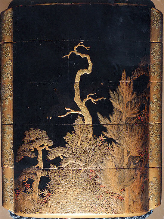 Case (Inrō) with Design of Three Herons Seated in Maple Tree (obverse); Three Crows in Autumn Forest (reverse), Lacquer, roiro, gold and coloured hiramakie; Interior: roiro and fundame, Japan