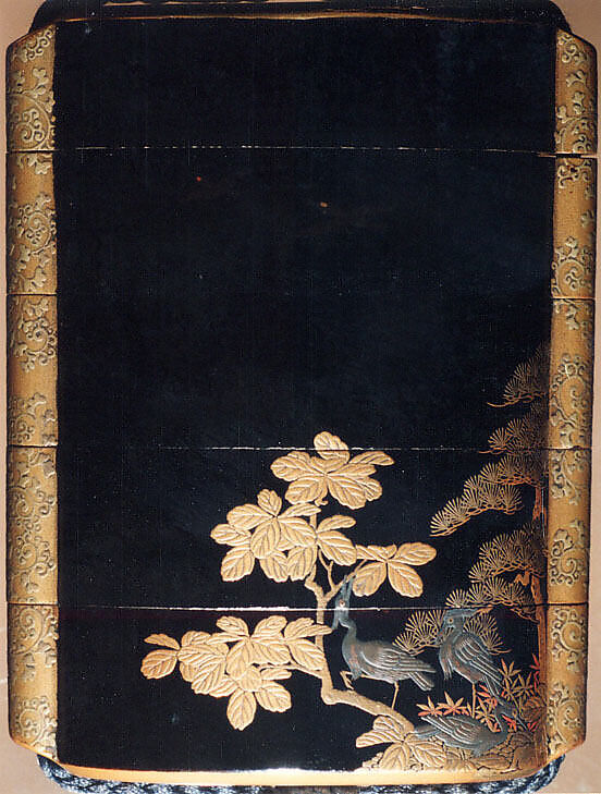 Case (Inrō) with Design of Three Herons Seated in Maple Tree (obverse); Three Crows in Autumn Forest (reverse), Lacquer, roiro, gold and coloured hiramakie; Interior: roiro and fundame, Japan