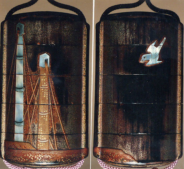 Case (Inrō) with Design of Masts of Sailing Boats (obverse); Bird in Flight (reverse), Lacquer, roiro, nashiji, gold hiramakie, kirigane, raden inlay; Interior: nashiji and fundame, Japan 