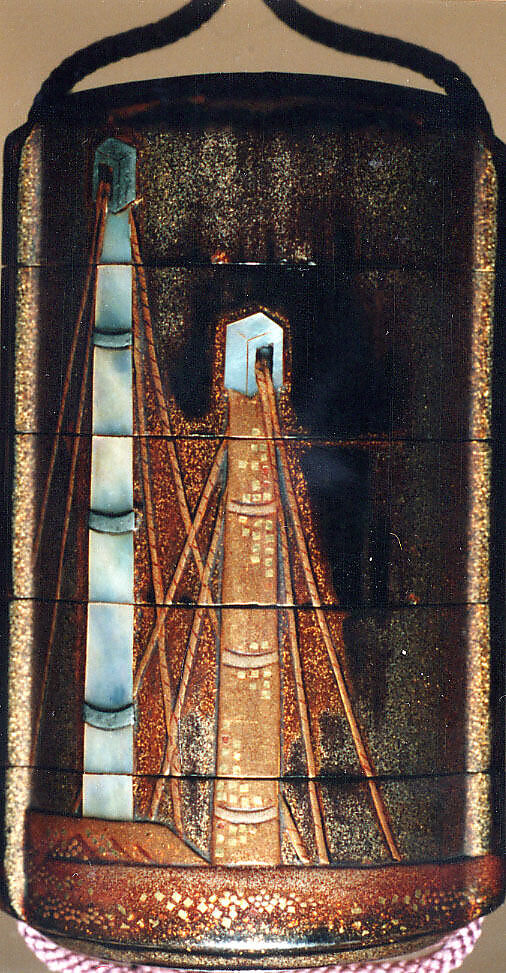 Case (Inrō) with Design of Masts of Sailing Boats (obverse); Bird in Flight (reverse), Lacquer, roiro, nashiji, gold hiramakie, kirigane, raden inlay; Interior: nashiji and fundame, Japan