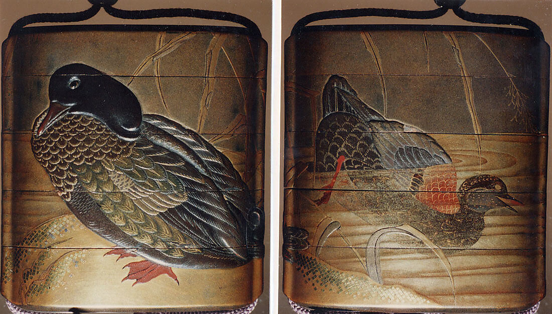 Case (Inrō) with Design of Duck Standing on Shore beside Reeds (obverse); Duck Diving into Water (reverse), Lacquer, kinji, silver and coloured hiramakie, takamakie; Interior: nashiji and fundame, Japan 