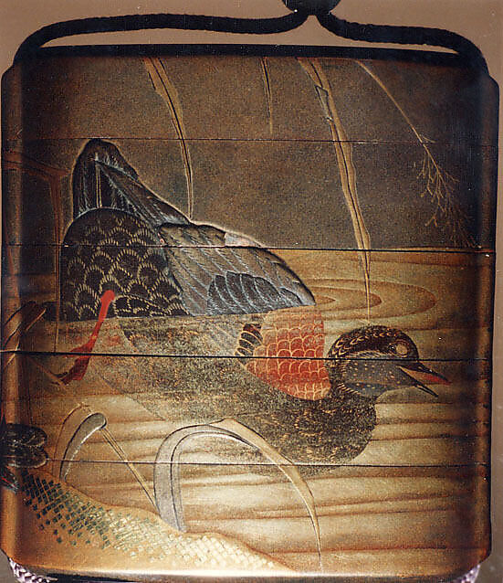 Case (Inrō) with Design of Duck Standing on Shore beside Reeds (obverse); Duck Diving into Water (reverse), Lacquer, kinji, silver and coloured hiramakie, takamakie; Interior: nashiji and fundame, Japan