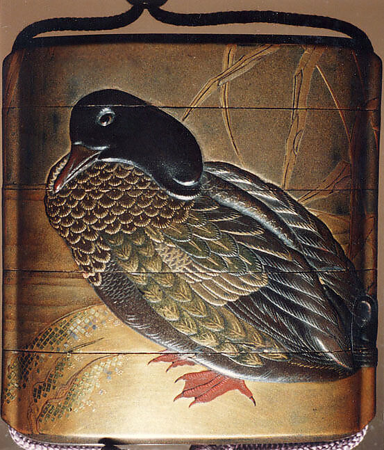 Case (Inrō) with Design of Duck Standing on Shore beside Reeds (obverse); Duck Diving into Water (reverse), Lacquer, kinji, silver and coloured hiramakie, takamakie; Interior: nashiji and fundame, Japan