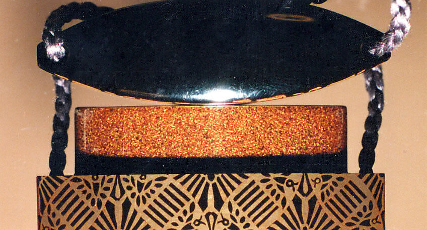 Case (Inrō) with Design of Chrysanthemums behind Bamboo Blind (Sudare) (obverse); Brocade Pattern (reverse), Lacquer, kinji, gold and coloured hiramakie, aogai, black togidashi; Interior: nashiji and fundame, Japan