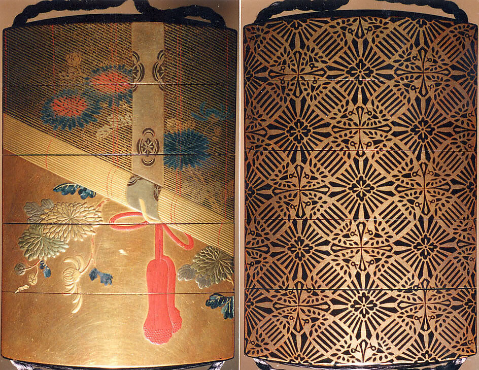 Case (Inrō) with Design of Chrysanthemums behind Bamboo Blind (Sudare) (obverse); Brocade Pattern (reverse), Lacquer, kinji, gold and coloured hiramakie, aogai, black togidashi; Interior: nashiji and fundame, Japan 