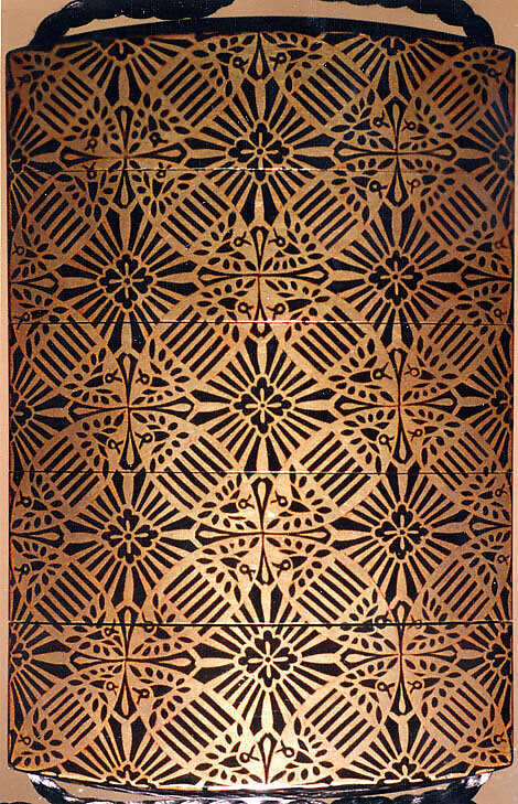 Case (Inrō) with Design of Chrysanthemums behind Bamboo Blind (Sudare) (obverse); Brocade Pattern (reverse), Lacquer, kinji, gold and coloured hiramakie, aogai, black togidashi; Interior: nashiji and fundame, Japan