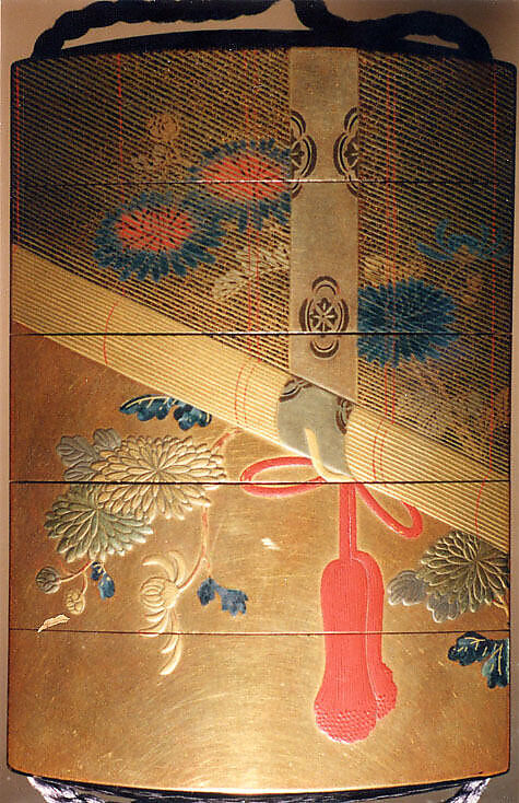 Case (Inrō) with Design of Chrysanthemums behind Bamboo Blind (Sudare) (obverse); Brocade Pattern (reverse), Lacquer, kinji, gold and coloured hiramakie, aogai, black togidashi; Interior: nashiji and fundame, Japan