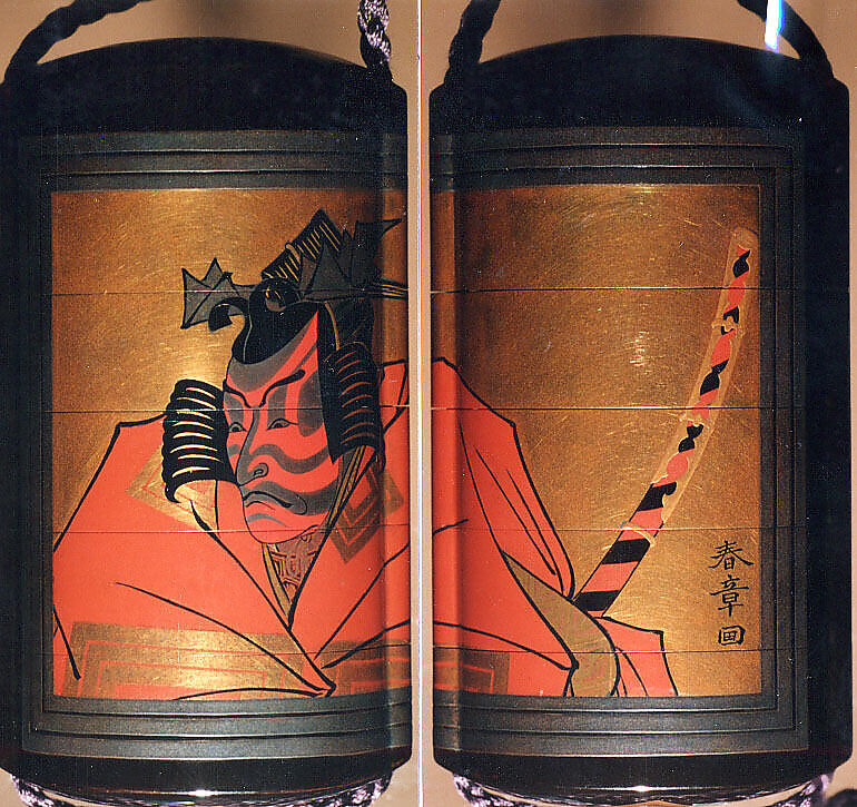 Inrō with Kabuki Actor Ichikawa Danjūrō V, Design by Katsukawa Shunshō　勝川春章 (Japanese, 1726–1792), Five cases; lacquered wood with gold, silver, black, and red togidashimaki-e on black lacquer groundNetsuke: ivory; Nō maskOjime: lacquer bead, Japan 