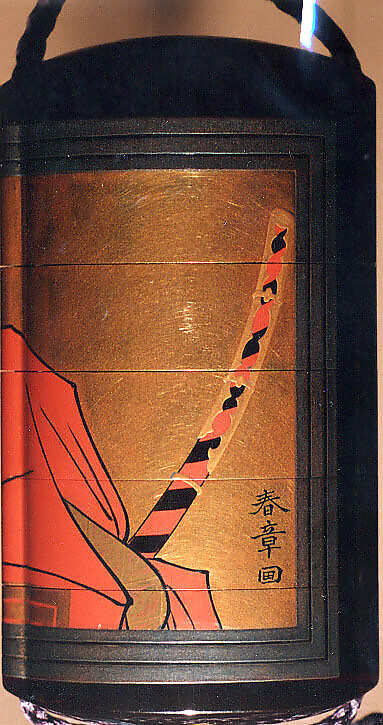 Inrō with Kabuki Actor Ichikawa Danjūrō V, Design by Katsukawa Shunshō　勝川春章 (Japanese, 1726–1792), Five cases; lacquered wood with gold, silver, black, and red togidashimaki-e on black lacquer groundNetsuke: ivory; Nō maskOjime: lacquer bead, Japan