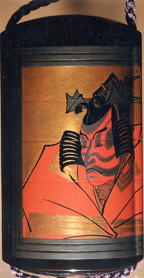 Inrō with Kabuki Actor Ichikawa Danjūrō V, Design by Katsukawa Shunshō　勝川春章 (Japanese, 1726–1792), Five cases; lacquered wood with gold, silver, black, and red togidashimaki-e on black lacquer groundNetsuke: ivory; Nō maskOjime: lacquer bead, Japan
