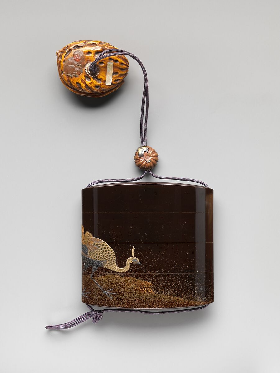 Inrō with Peacocks and Flowers, Koma Yasutada (Japanese), Black lacquer and nashiji ground with gold and silver iroe togidashi and hiramaki-eNetsuke: Kintarō with forest animals on peach stone; ivory, mother-of-pearl, tortoise shell Ojime: melon; red bronze with iron and gilding, Japan