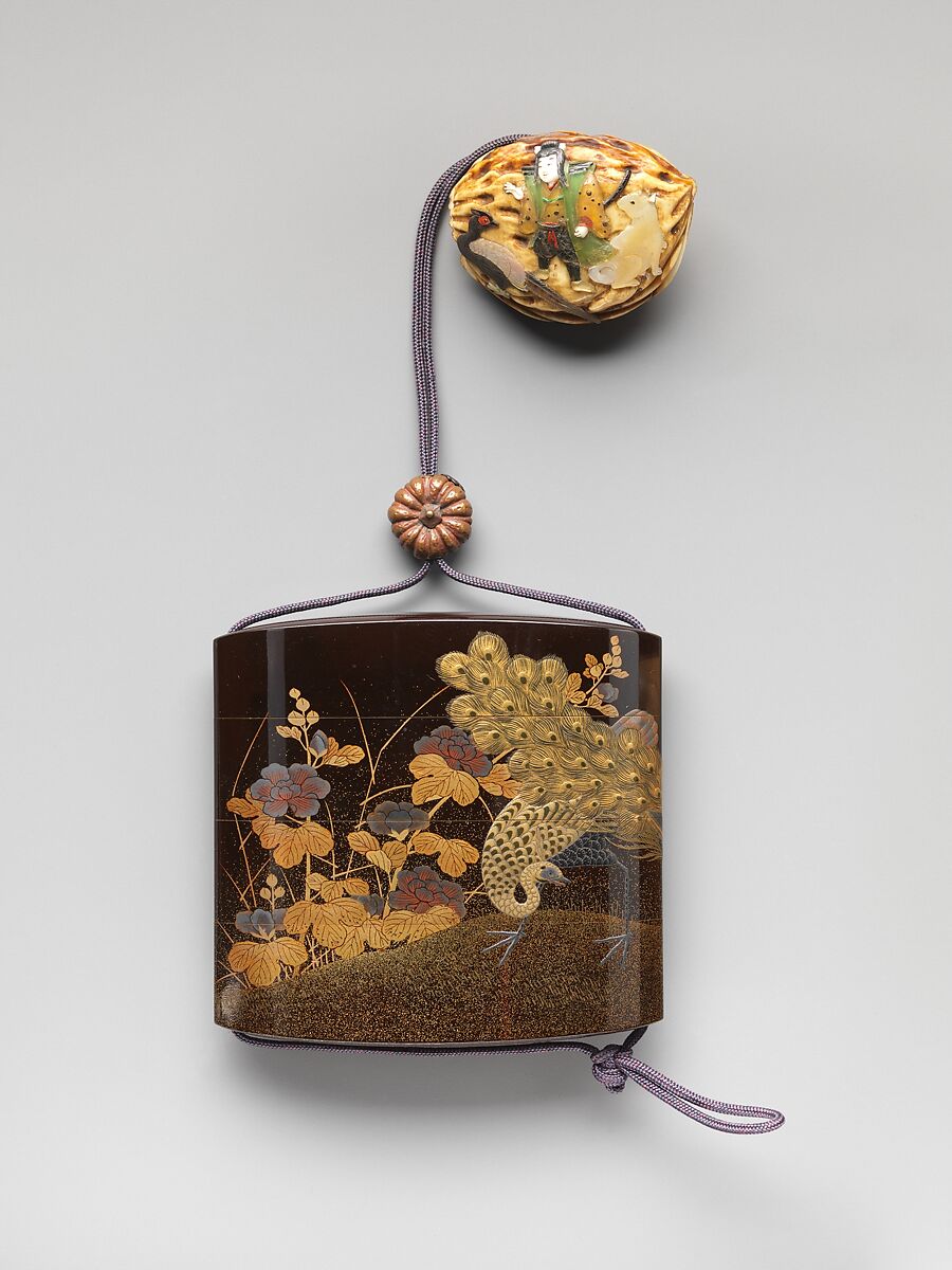 Inrō with Peacocks and Flowers, Koma Yasutada (Japanese), Black lacquer and nashiji ground with gold and silver iroe togidashi and hiramaki-eNetsuke: Kintarō with forest animals on peach stone; ivory, mother-of-pearl, tortoise shell Ojime: melon; red bronze with iron and gilding, Japan 