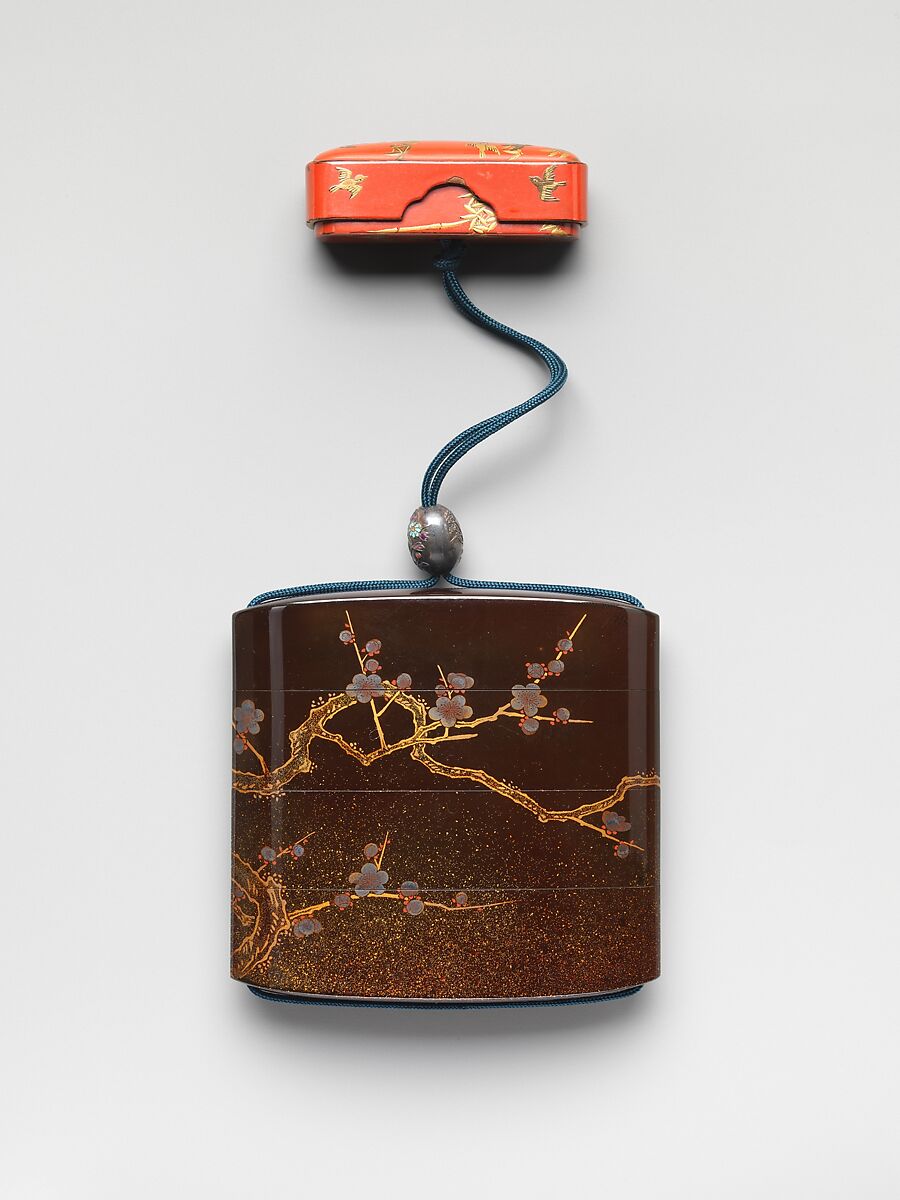 Inrō with Bird on a Blossoming Plum Tree, Koma Yasutada (Japanese), Black lacquer and nashiji ground with gold and silver iroe togidashi maki-eNetsuke: box with plovers; red lacquer ground with gold and brown hiramaki-eOjime: bead with flowers; shibuichi and enamel, Japan