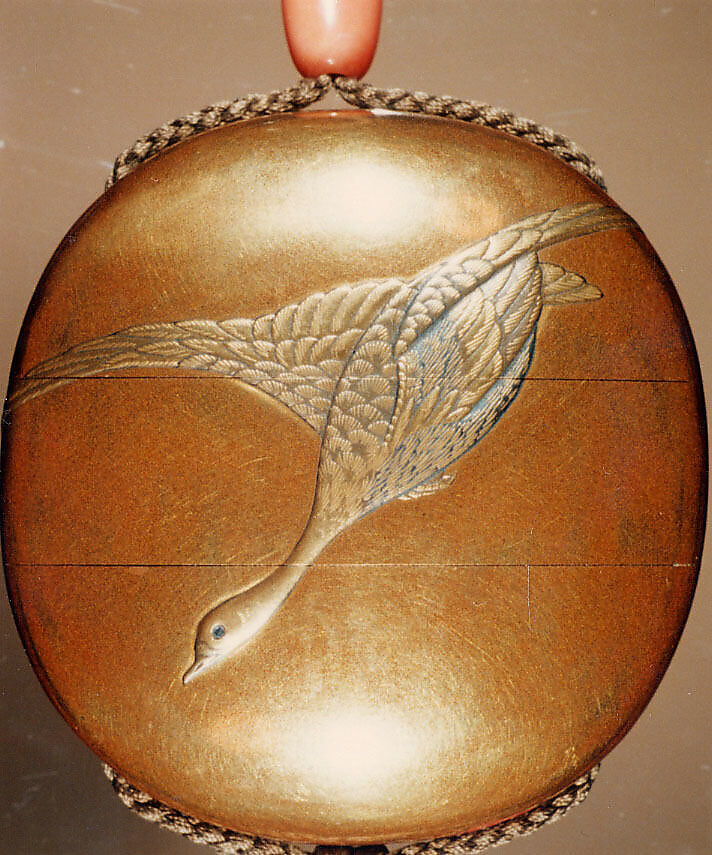 Case (Inrō) with Design of Goose Flying Down (obverse); Inscription and Seal beside Reeds (reverse), Kano Morinobu, Lacquer, kinji, gold, red and silver hiramakie, takamakie; Interior: gyobu nashiji and fundame, Japan