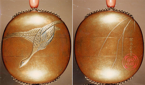 Case (Inrō) with Design of Goose Flying Down (obverse); Inscription and Seal beside Reeds (reverse)
