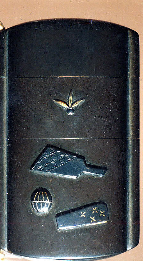 Case (Inrō) with Symbols of Girls' Festival (obverse); Emblems for New Year Festival (reverse), Metal, dark silver metal ground, applied silver and gold metals; Interior: black lacquer and silver metal, Japan
