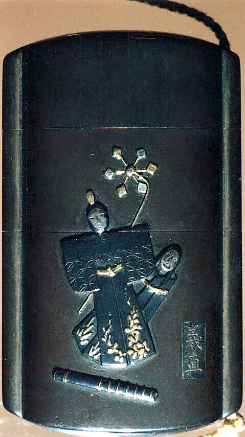 Case (Inrō) with Symbols of Girls' Festival (obverse); Emblems for New Year Festival (reverse), Metal, dark silver metal ground, applied silver and gold metals; Interior: black lacquer and silver metal, Japan