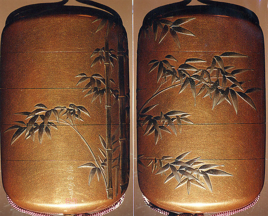 Inrō with Bamboo Grove, Maki-e by Yūtokusai Gyokkei (Japanese, (active early–mid-19th century)), Four cases; lacquered wood with gold and silver hiramaki-e on gold lacquer ground Netsuke: lacquered wood with inlay of a snail on bamboo Ojime: metal bead with birds, Japan 