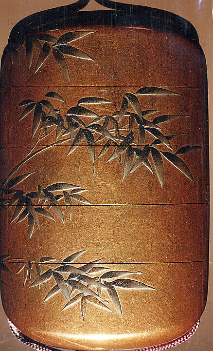 Inrō with Bamboo Grove, Maki-e by Yūtokusai Gyokkei (Japanese, (active early–mid-19th century)), Four cases; lacquered wood with gold and silver hiramaki-e on gold lacquer ground Netsuke: lacquered wood with inlay of a snail on bamboo Ojime: metal bead with birds, Japan