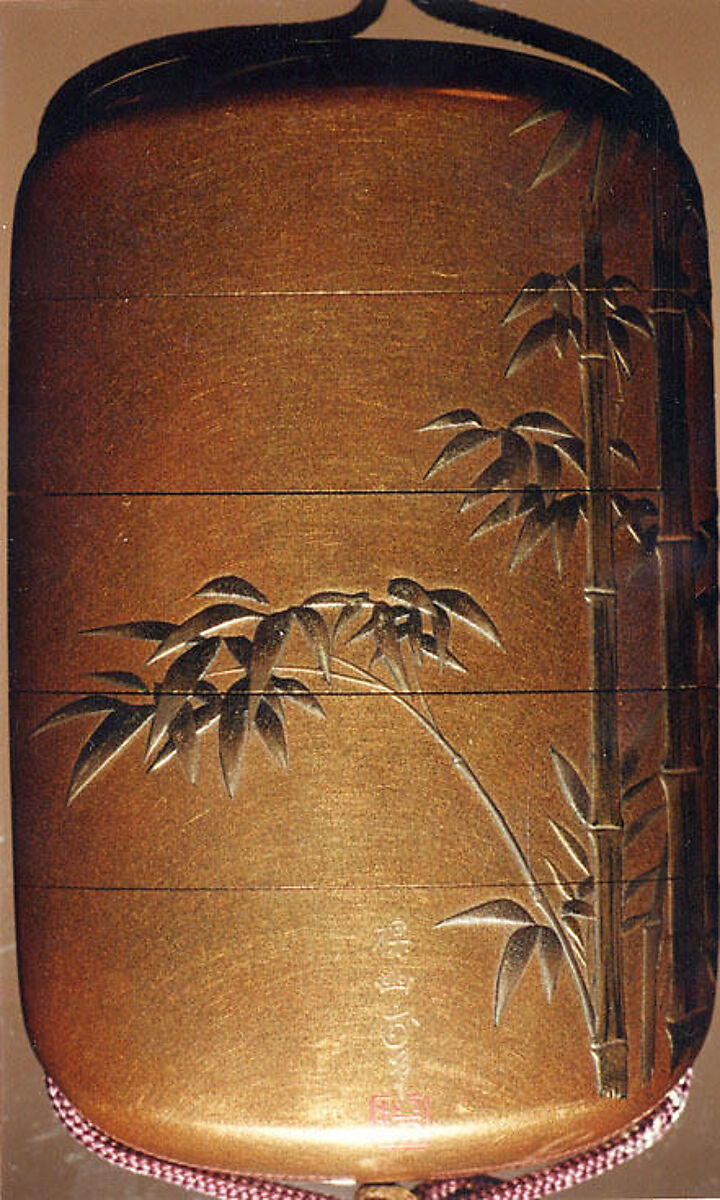 Inrō with Bamboo Grove, Maki-e by Yūtokusai Gyokkei (Japanese, (active early–mid-19th century)), Four cases; lacquered wood with gold and silver hiramaki-e on gold lacquer ground Netsuke: lacquered wood with inlay of a snail on bamboo Ojime: metal bead with birds, Japan