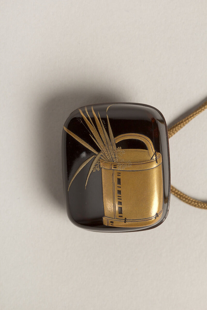 Inrō with Scattered Musical Instruments, Theatrical Implements, and Flowers, Shibata Zeshin (Japanese, 1807–1891), Four cases; lacquered wood with gold, silver hiramaki-e, mother-of-pearl inlay, and cut-out gold foil application on black ground
Netsuke: bucket with grasses and flowers; lacquer with gold hiramaki-e
Ojime: flowers; lacquer bead, Japan