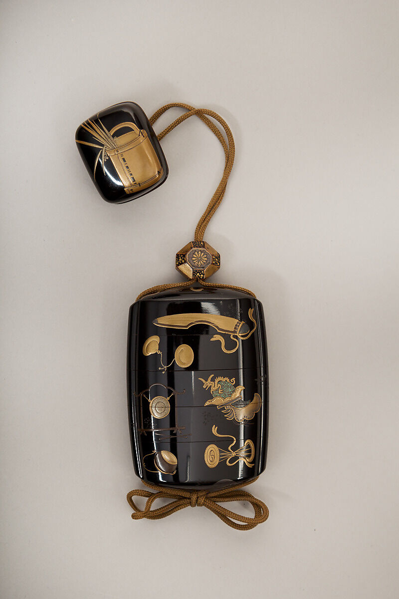 Inrō with Scattered Musical Instruments, Theatrical Implements, and Flowers, Shibata Zeshin (Japanese, 1807–1891), Four cases; lacquered wood with gold, silver hiramaki-e, mother-of-pearl inlay, and cut-out gold foil application on black ground
Netsuke: bucket with grasses and flowers; lacquer with gold hiramaki-e
Ojime: flowers; lacquer bead, Japan