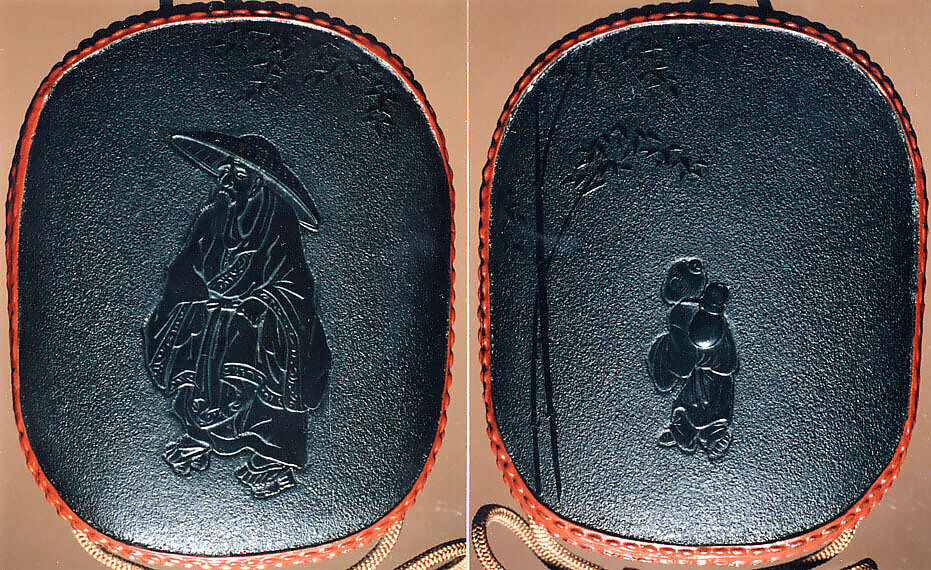 Case (Inrō) with Design of Chinese Sage (obverse); Attendant (Karako) Standing beside Bamboo (reverse), Shibata Zeshin (Japanese, 1807–1891), Lacquer, dark brown, imitating leather, relief, light brown rim; Interior: dark brown and nashiji, Japan 