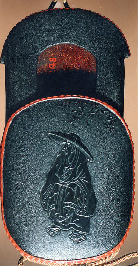 Case (Inrō) with Design of Chinese Sage (obverse); Attendant (Karako) Standing beside Bamboo (reverse), Shibata Zeshin (Japanese, 1807–1891), Lacquer, dark brown, imitating leather, relief, light brown rim; Interior: dark brown and nashiji, Japan