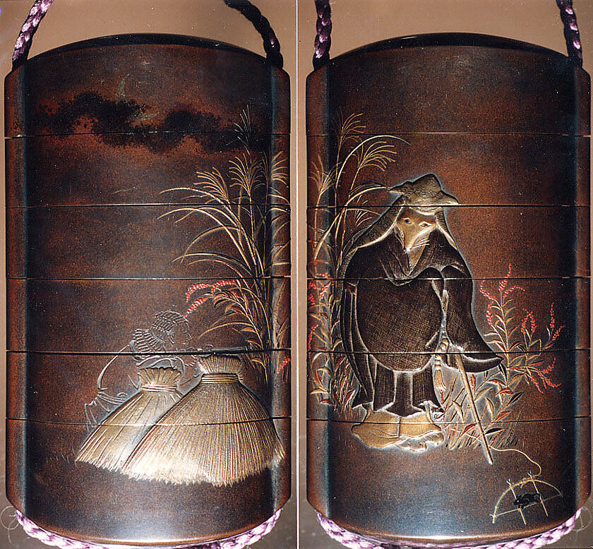 Case (Inrō) with a Fox from the Kyōgen Play The Fox Hunter (Tsurigitsune); Hunter behind Haystacks from the Kyōgen Play "Hakuzōsu" (reverse), Shibata Zeshin (Japanese, 1807–1891), Gold and silver maki-e with colored lacquer on black lacquer
Ojime: gilded metal with fox-monk
Netuske: Lacquer oval box with diamond floral design (signed Kiyoharu), Japan 