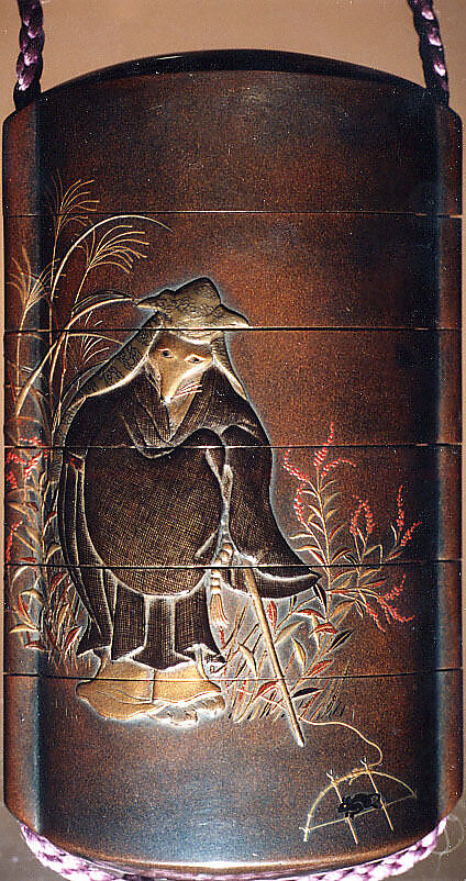 Case (Inrō) with a Fox from the Kyōgen Play The Fox Hunter (Tsurigitsune); Hunter behind Haystacks from the Kyōgen Play "Hakuzōsu" (reverse), Shibata Zeshin (Japanese, 1807–1891), Gold and silver maki-e with colored lacquer on black lacquer
Ojime: gilded metal with fox-monk
Netuske: Lacquer oval box with diamond floral design (signed Kiyoharu), Japan