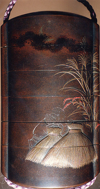 Case (Inrō) with a Fox from the Kyōgen Play The Fox Hunter (Tsurigitsune); Hunter behind Haystacks from the Kyōgen Play "Hakuzōsu" (reverse), Shibata Zeshin (Japanese, 1807–1891), Gold and silver maki-e with colored lacquer on black lacquer
Ojime: gilded metal with fox-monk
Netuske: Lacquer oval box with diamond floral design (signed Kiyoharu), Japan